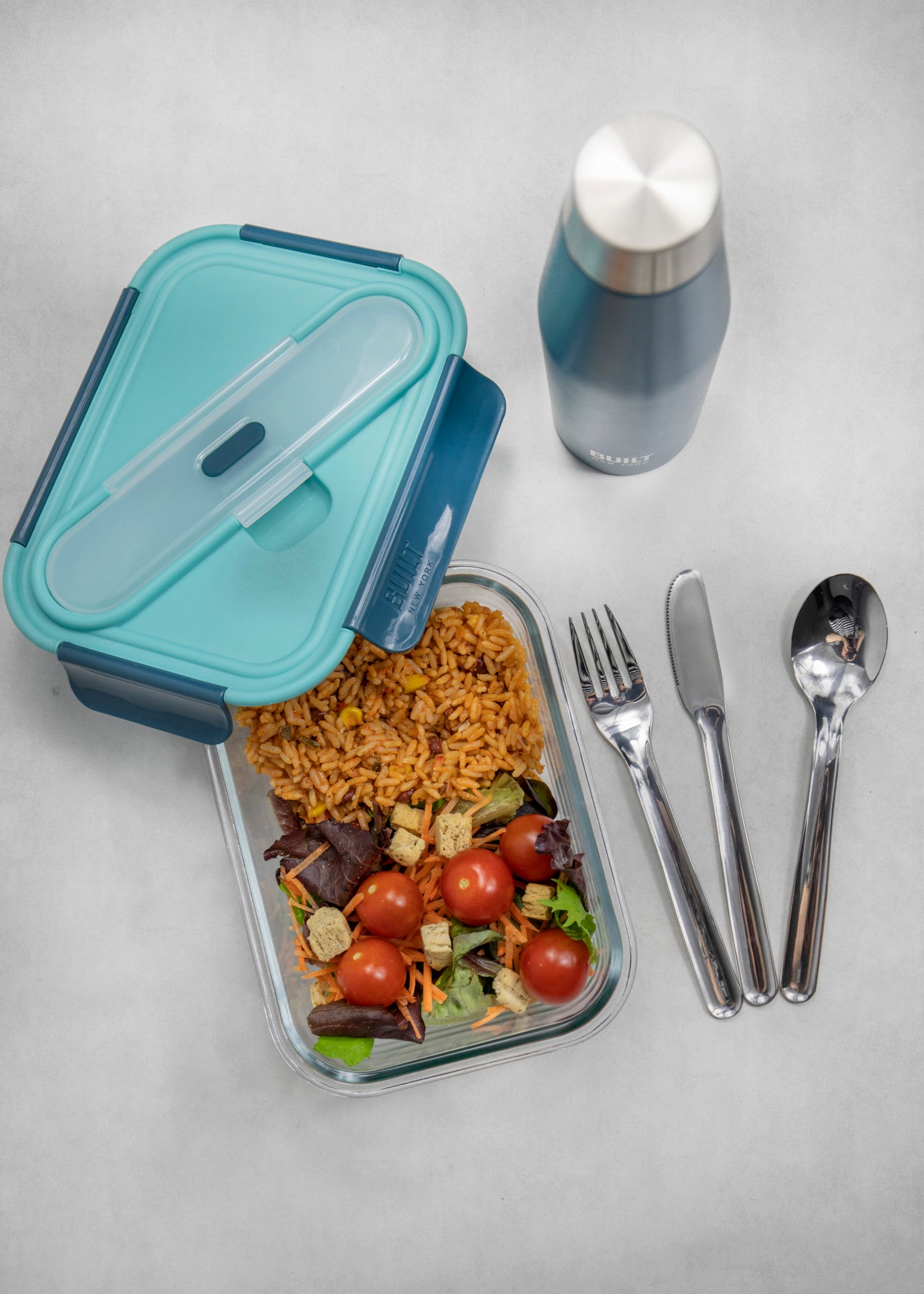 Built Glass Lunch Box With Utensils 900ml Cutlery Food Travel