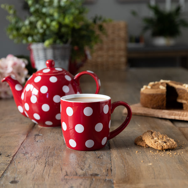 Globe London Pottery~Ceramic Red & White Polka Dot 6-Cup Teapot w/ Lid &  Mug~New 