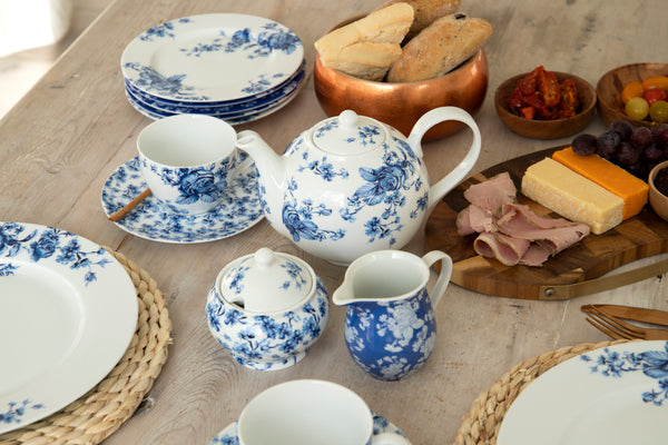 MIKASA Strathmore Creamer and Sugar Bowl Set, Discontinued Pattern outlets Elegant Blue Fowers Brown Leaves, Thanksgiving