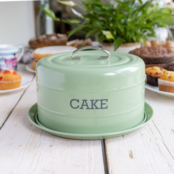 KitchenCraft Living Nostalgia Cake Storage Tin, Airtight Cake Dome, 28.5 x 18cm, English Sage Green