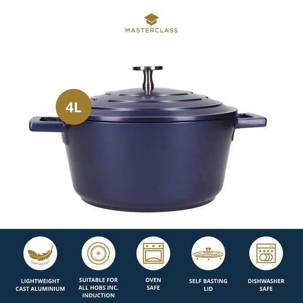 MasterClass Lightweight 4 Litre Casserole Dish with Lid Metallic Blu CookServeEnjoy
