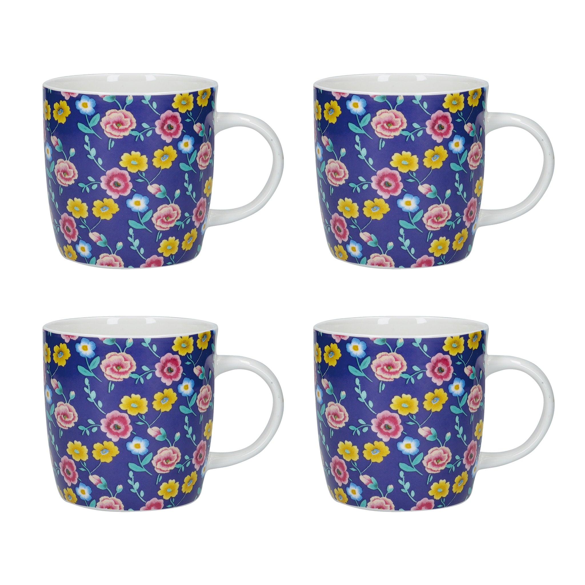 Set Of 4 Kitchencraft China 425ml Navy Floral Barrel Shaped Mugs Cookserveenjoy 2863